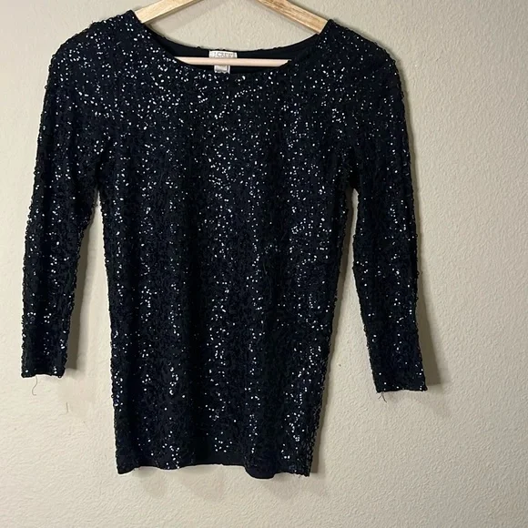 Black Sequin J Crew Long sleeve top - Picture 1 of 5